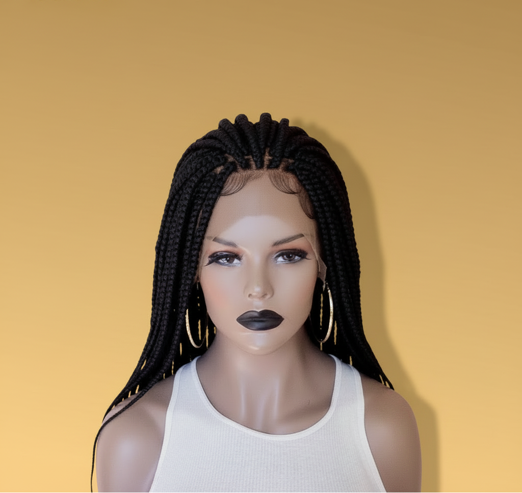 All black box braid lace wig front view with baby hairs - Beyond Her Krown by Riches & Toys