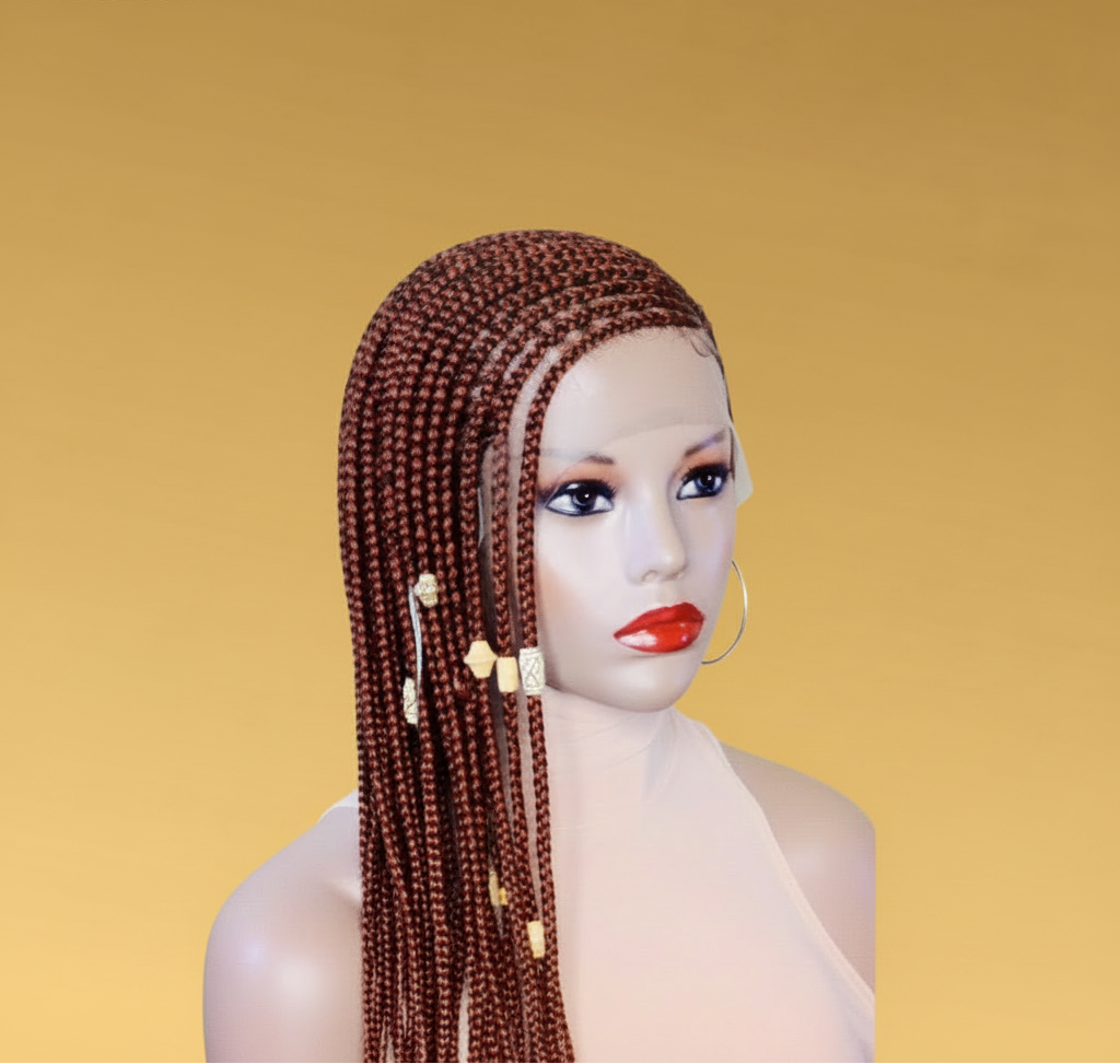 Auburn brown feed-in side braid lace wig side view with white and gold beads - Beyond Her Krown by Riches & Toys