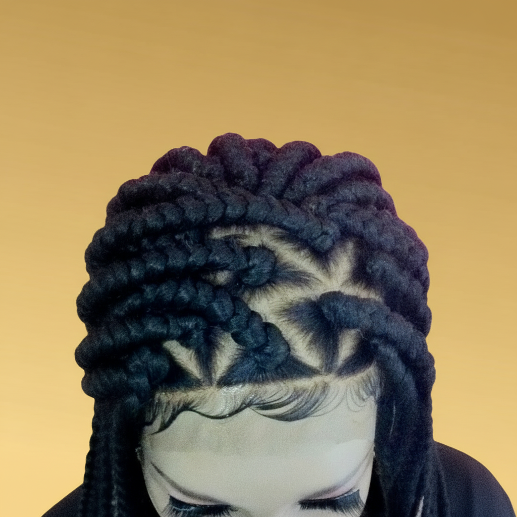 Black knotless box braid lace wig close-up top view showing braid pattern and lace part - Beyond Her Krown by Riches & Toys