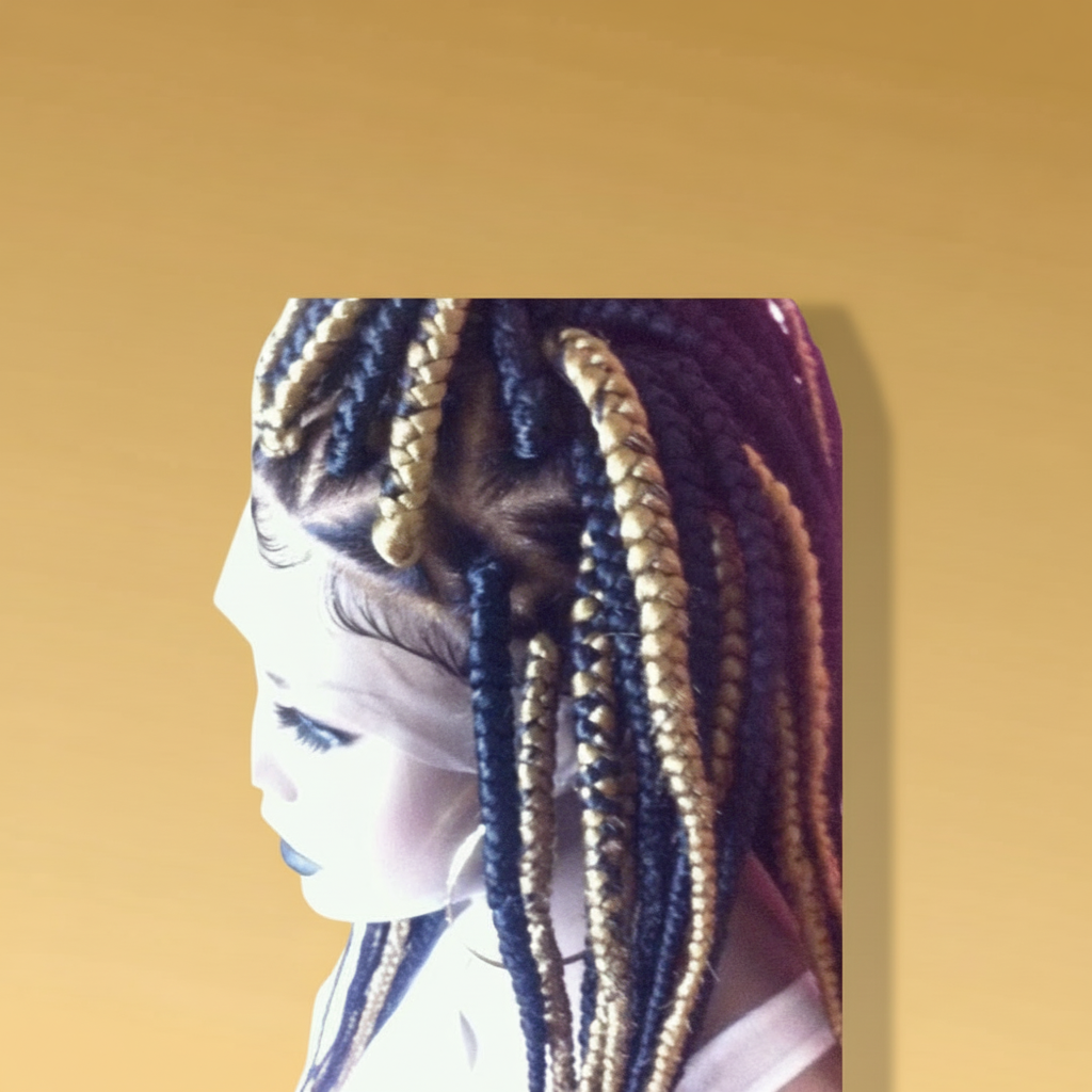 Black gold and red knotless box braid lace wig side view showing lace part and baby hairs - Beyond Her Krown by Riches & Toys