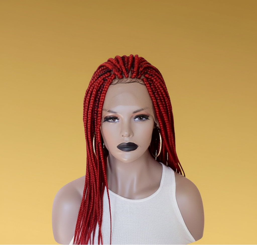 Black and red box braid lace wig front view with baby hairs - Beyond Her Krown by Riches & Toys