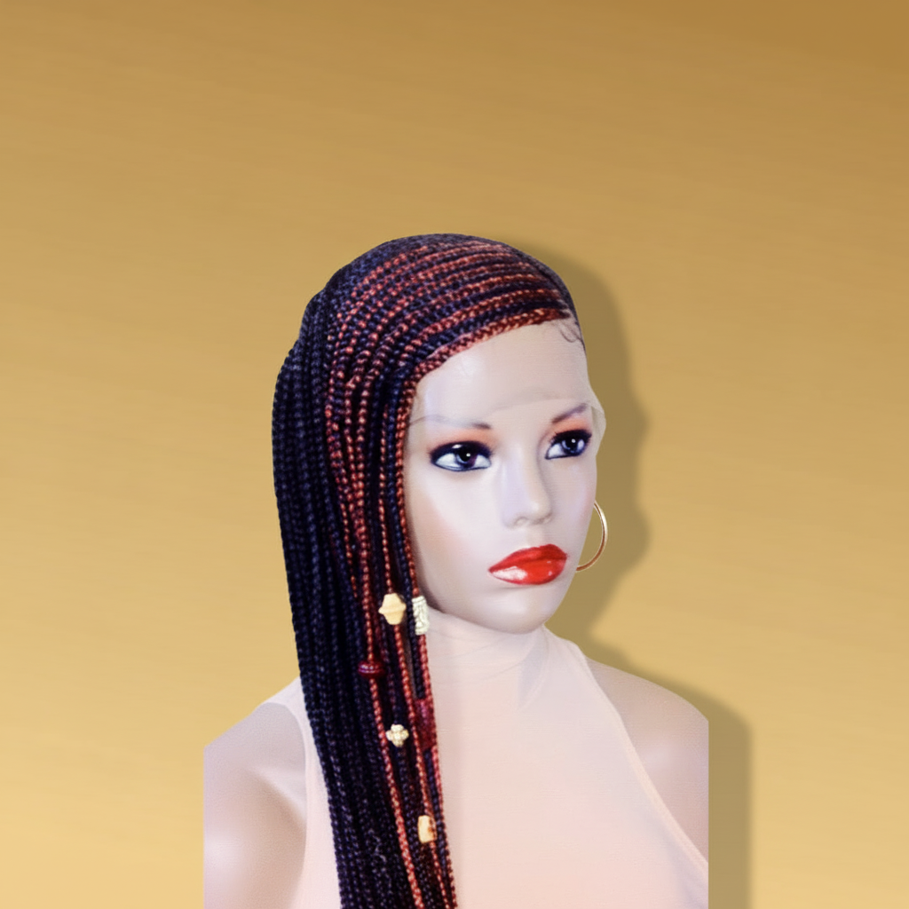 Black and red feed-in side braid lace wig side view with gold and white beads - Beyond Her Krown by Riches & Toys