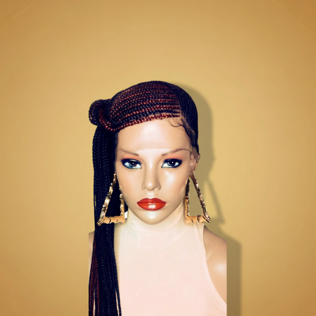 Black and red feed-in side braid lace wig front view with updo bun and gold bamboo earrings - Beyond Her Krown by Riches & Toys