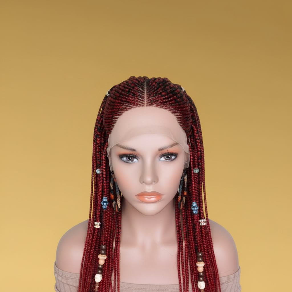 Black Red Fulani Cornrow Front - Golden Yellow Background