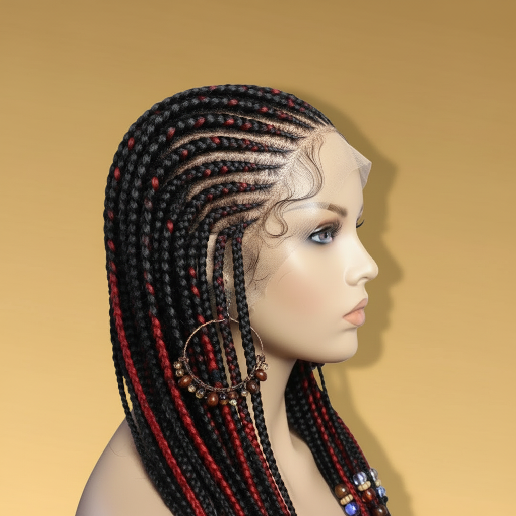 Black and red Fulani cornrow lace wig side view showing lace front and baby hairs - Beyond Her Krown by Riches & Toys