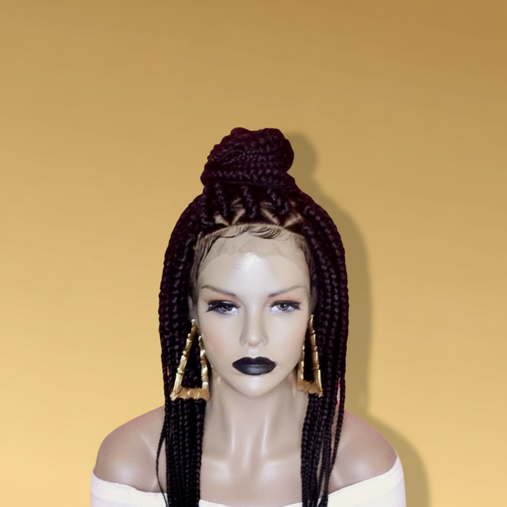Burgundy knotless box braid lace wig front view with updo bun and gold earrings - Beyond Her Krown by Riches & Toys