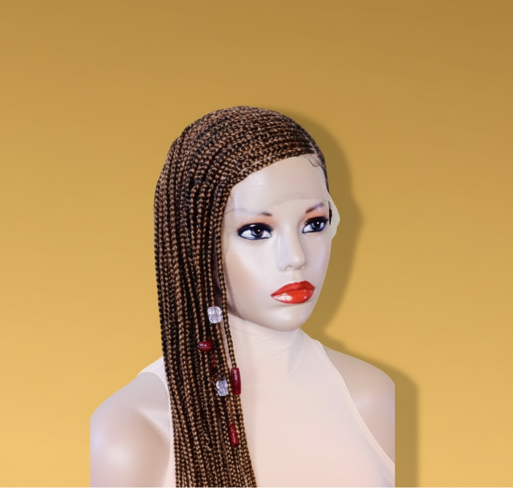 Brown and blonde feed-in side braid lace wig side view with red and clear beads - Beyond Her Krown by Riches & Toys