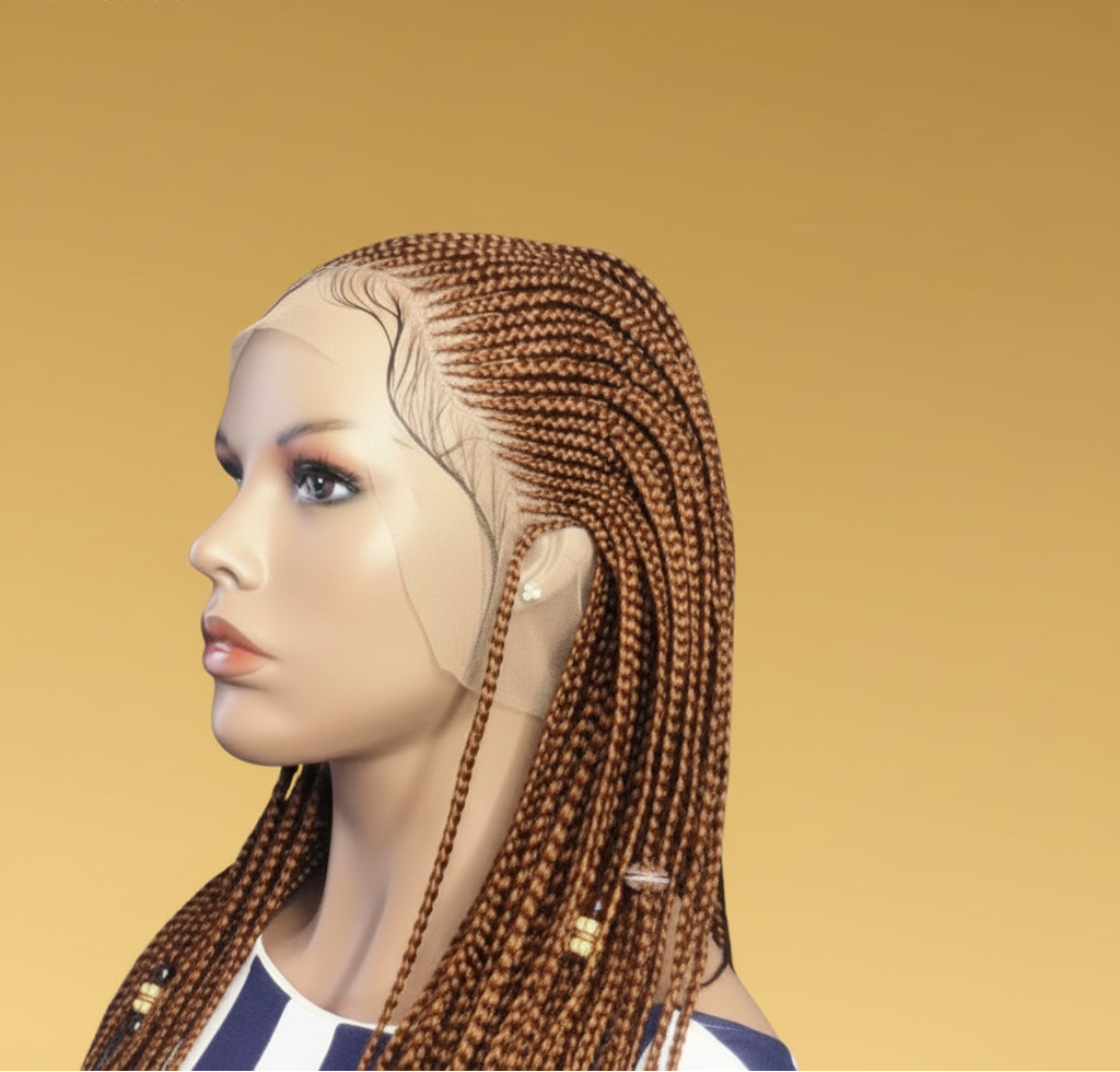 Brown and blonde Fulani cornrow lace wig side view showing lace front and baby hairs - Beyond Her Krown by Riches & Toys