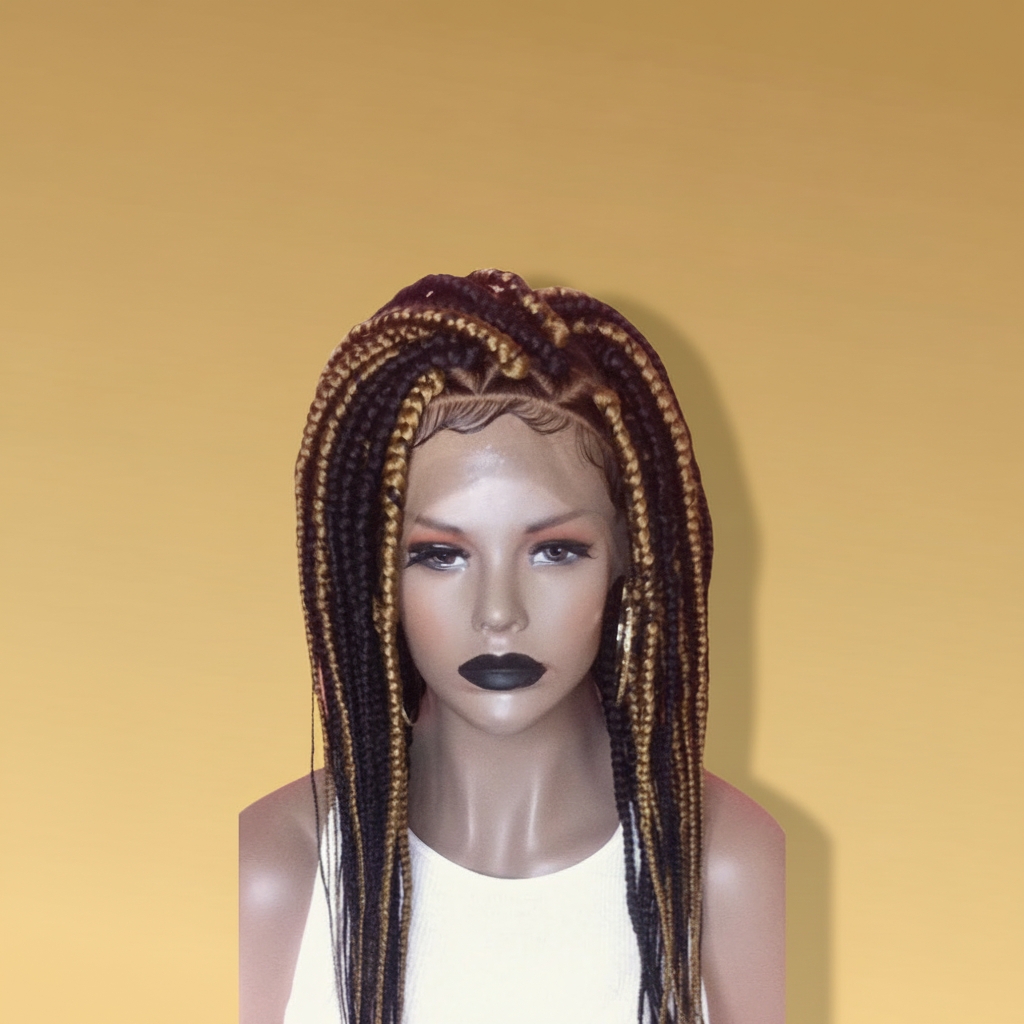Brown and blonde knotless box braid lace wig front view showing lace front and baby hairs - Beyond Her Krown by Riches & Toys