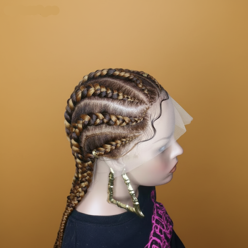 Brown and blonde stitch braid cornrow lace wig side view showing lace front - Beyond Her Krown by Riches & Toys