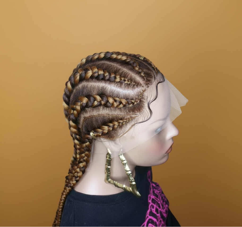 Brown and blonde stitch braid cornrow lace wig side view showing lace front - Beyond Her Krown by Riches & Toys