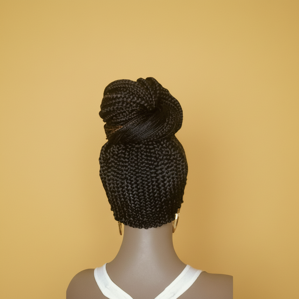 Burgundy Bun Back View - Golden Yellow Background