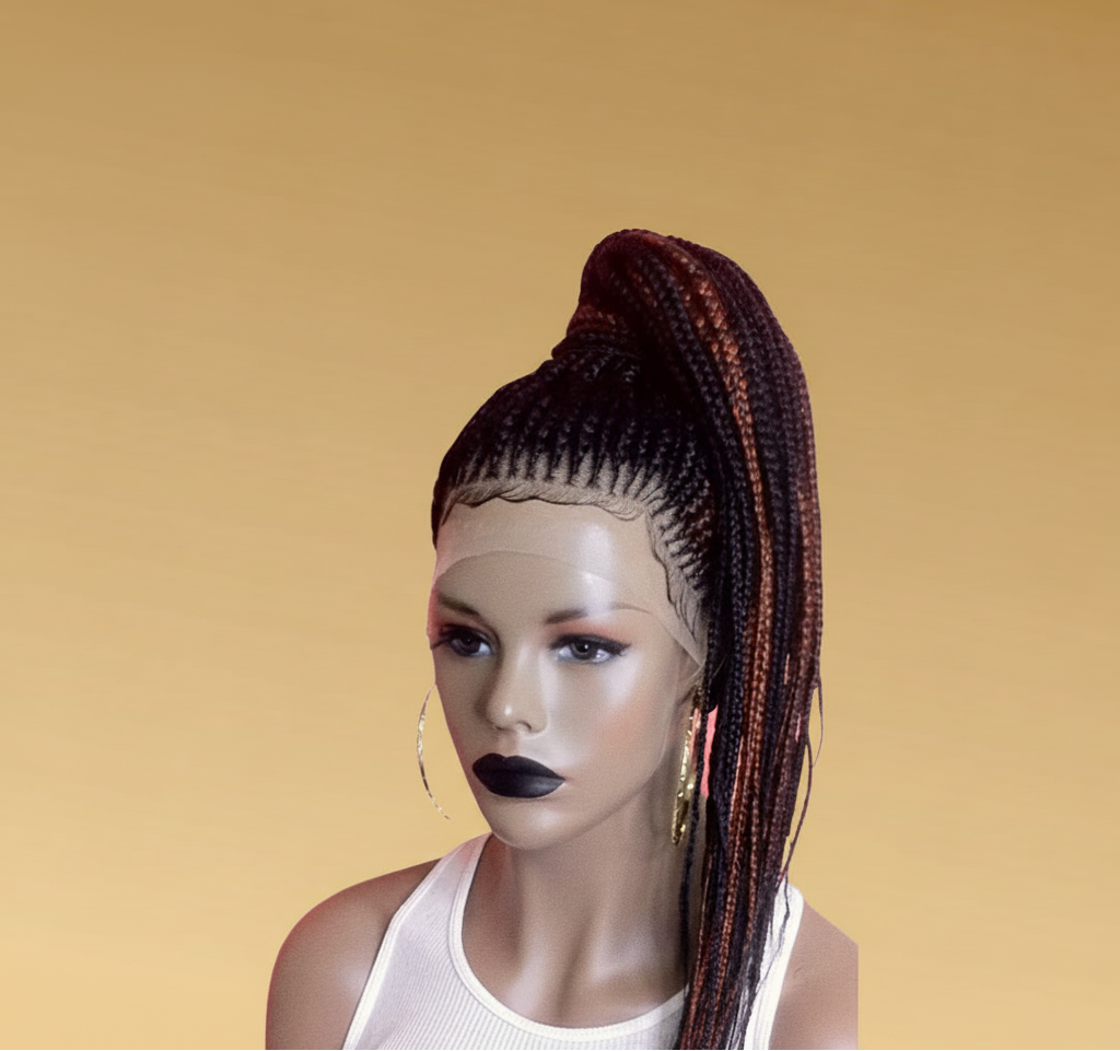 Reddish brown braided bun lace wig front view with gold hoop earrings - Beyond Her Krown by Riches & Toys