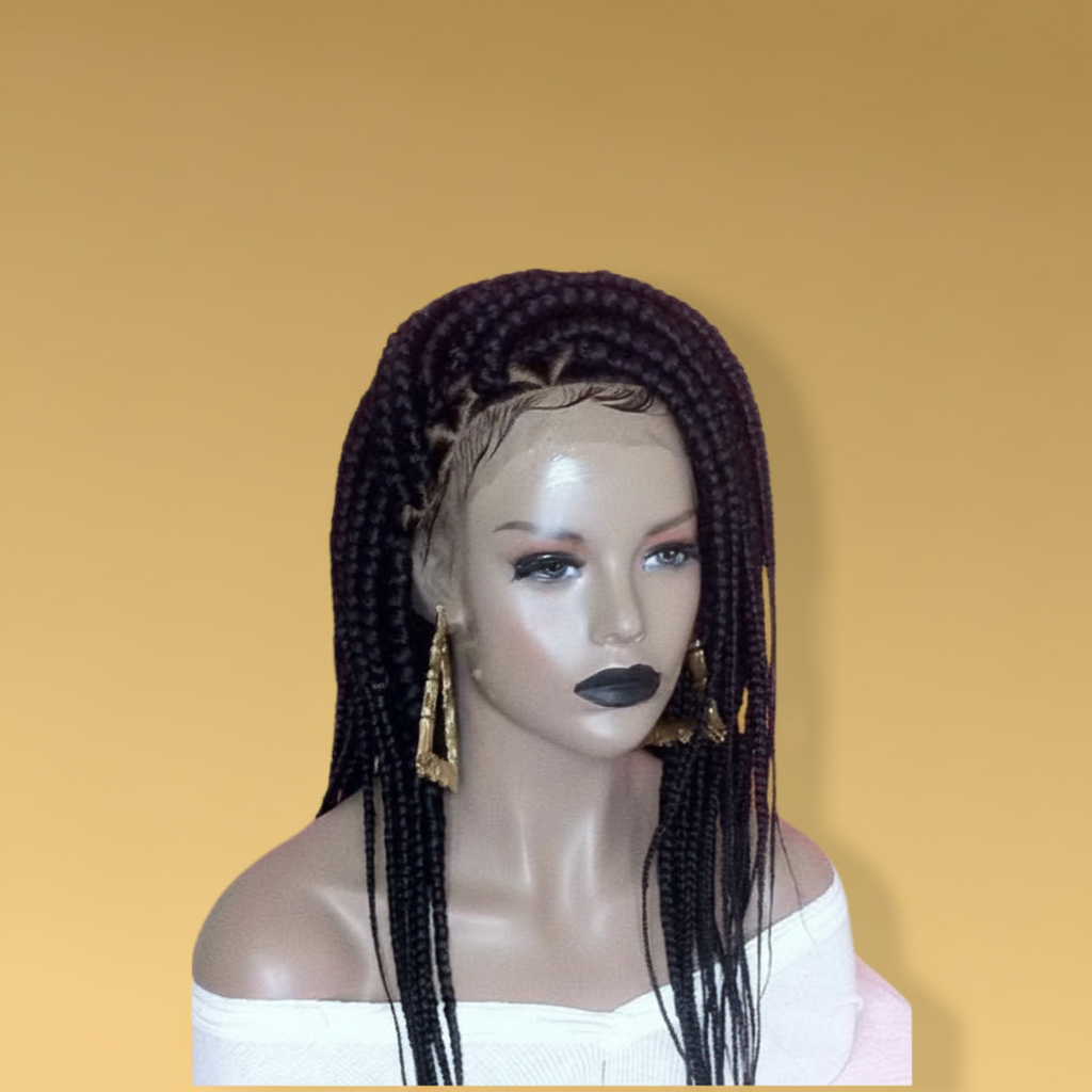 Burgundy Knotless Box Braid Front - Golden Yellow Background