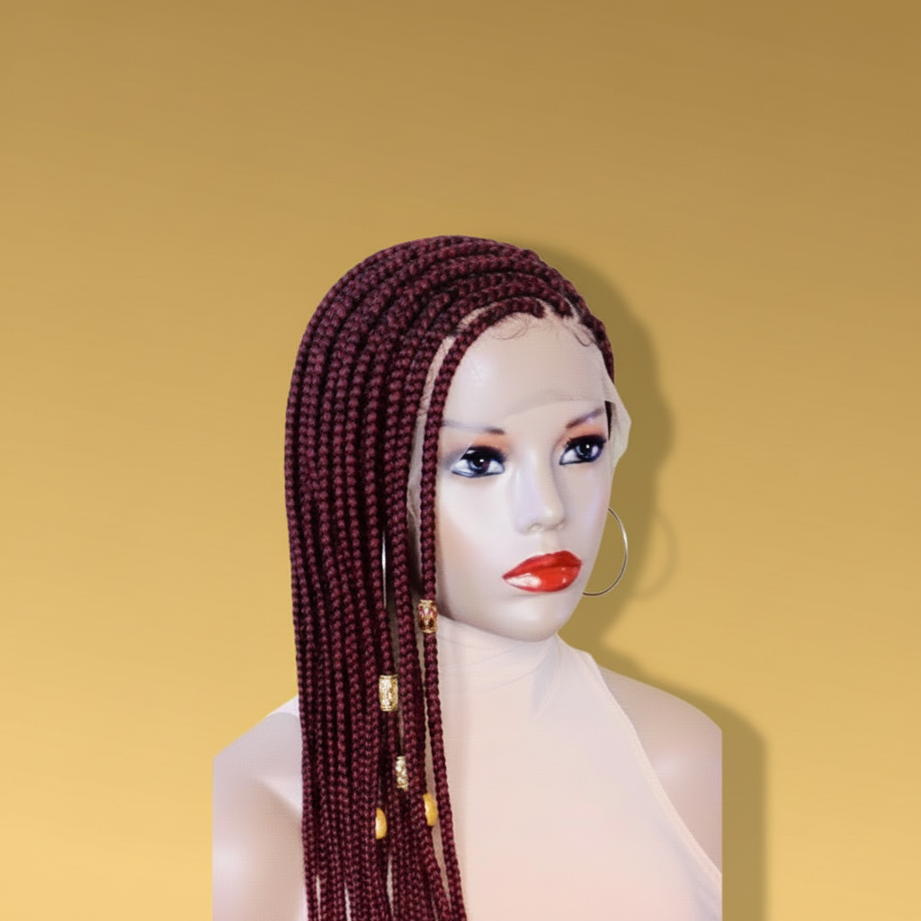 Dark burgundy red feed-in side braid lace wig side view with gold beads - Beyond Her Krown by Riches & Toys