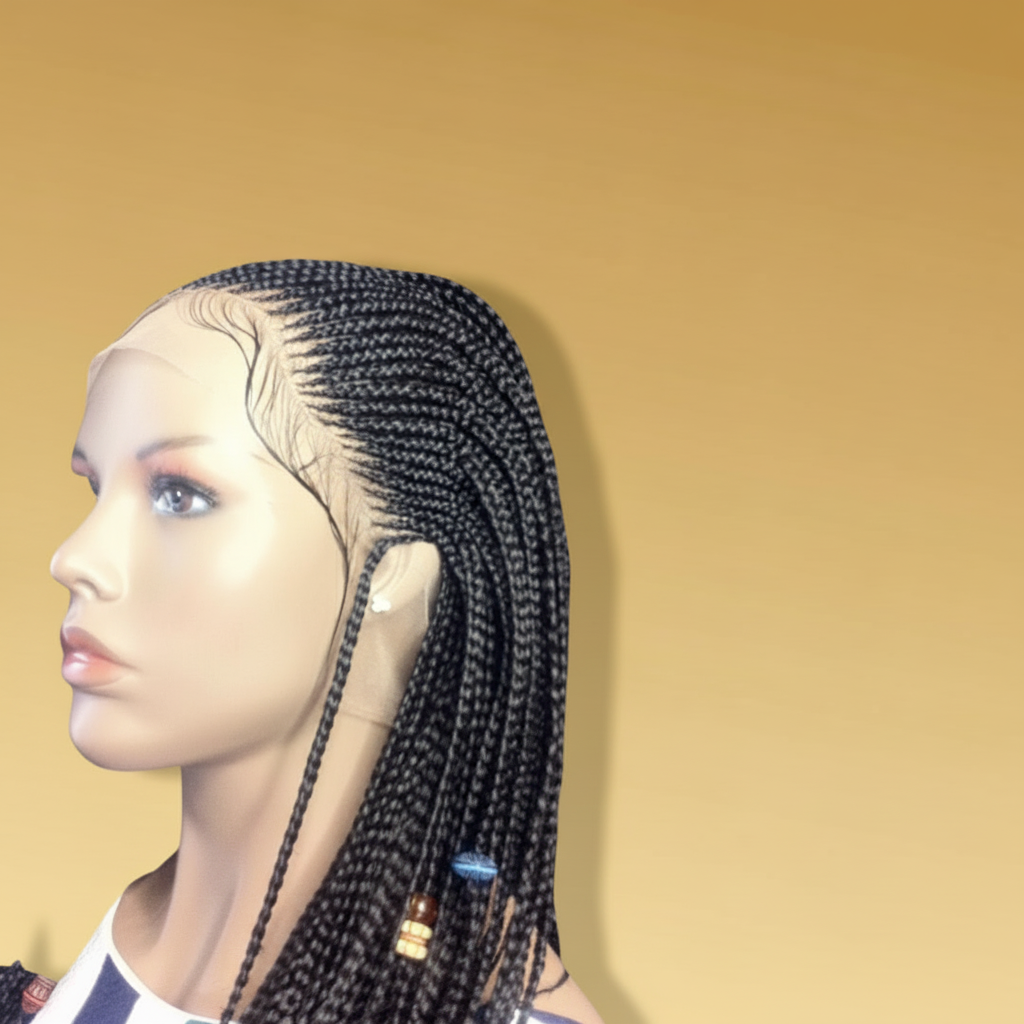Black Fulani cornrow lace wig side view with gold and blue beads - Beyond Her Krown by Riches & Toys