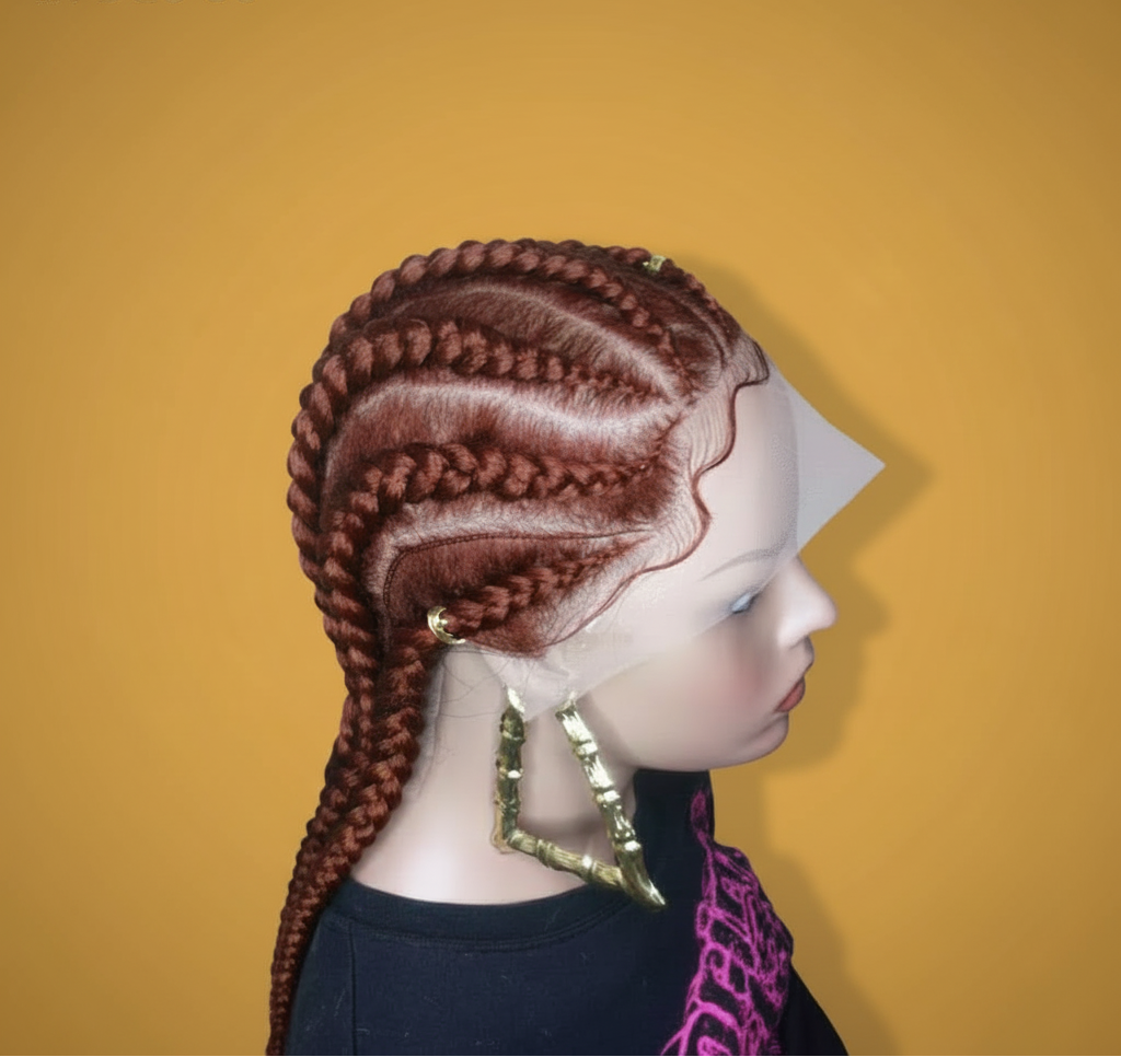 Reddish brown stitch braid cornrow lace wig side view showing lace front - Beyond Her Krown by Riches & Toys