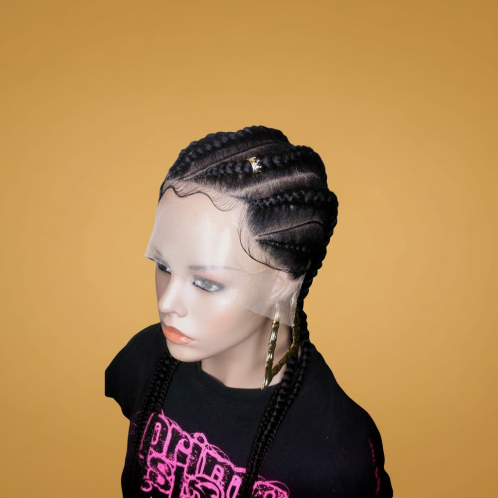 Black stitch braid cornrow lace wig side view on mannequin with baby hairs - Beyond Her Krown by Riches & Toys