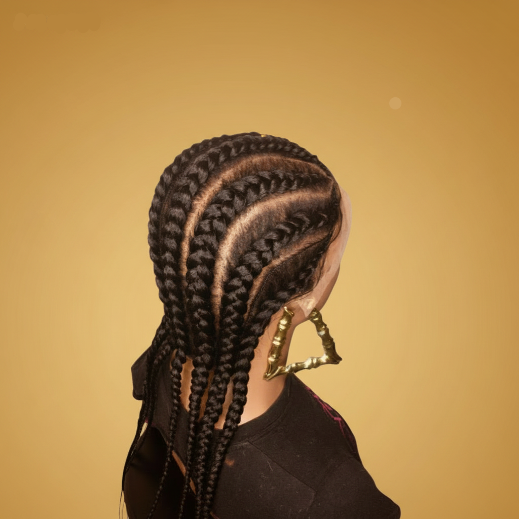 Black stitch braid cornrow lace wig side view showing full lace front - Beyond Her Krown by Riches & Toys