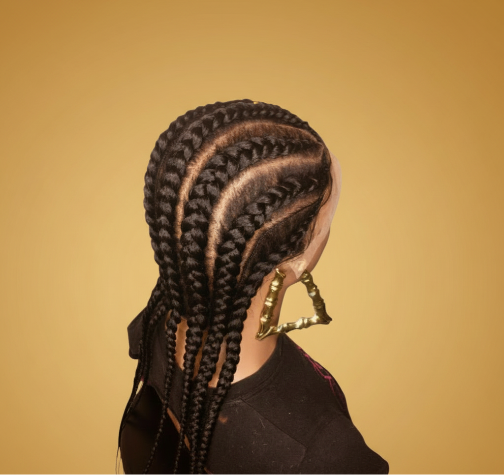 Black stitch braid cornrow lace wig side back view with gold hoop earrings - Beyond Her Krown by Riches & Toys