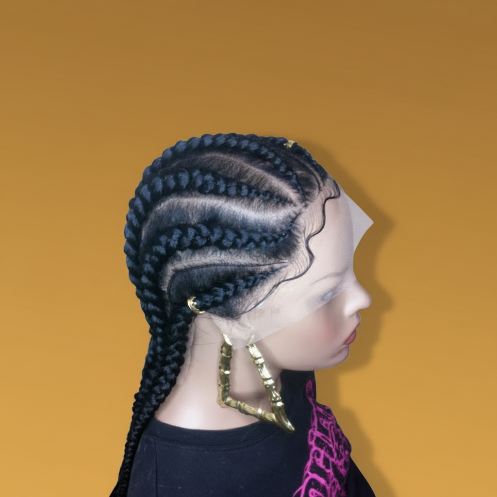 Black stitch braid cornrow lace wig side view on mannequin with baby hairs - Beyond Her Krown by Riches & Toys