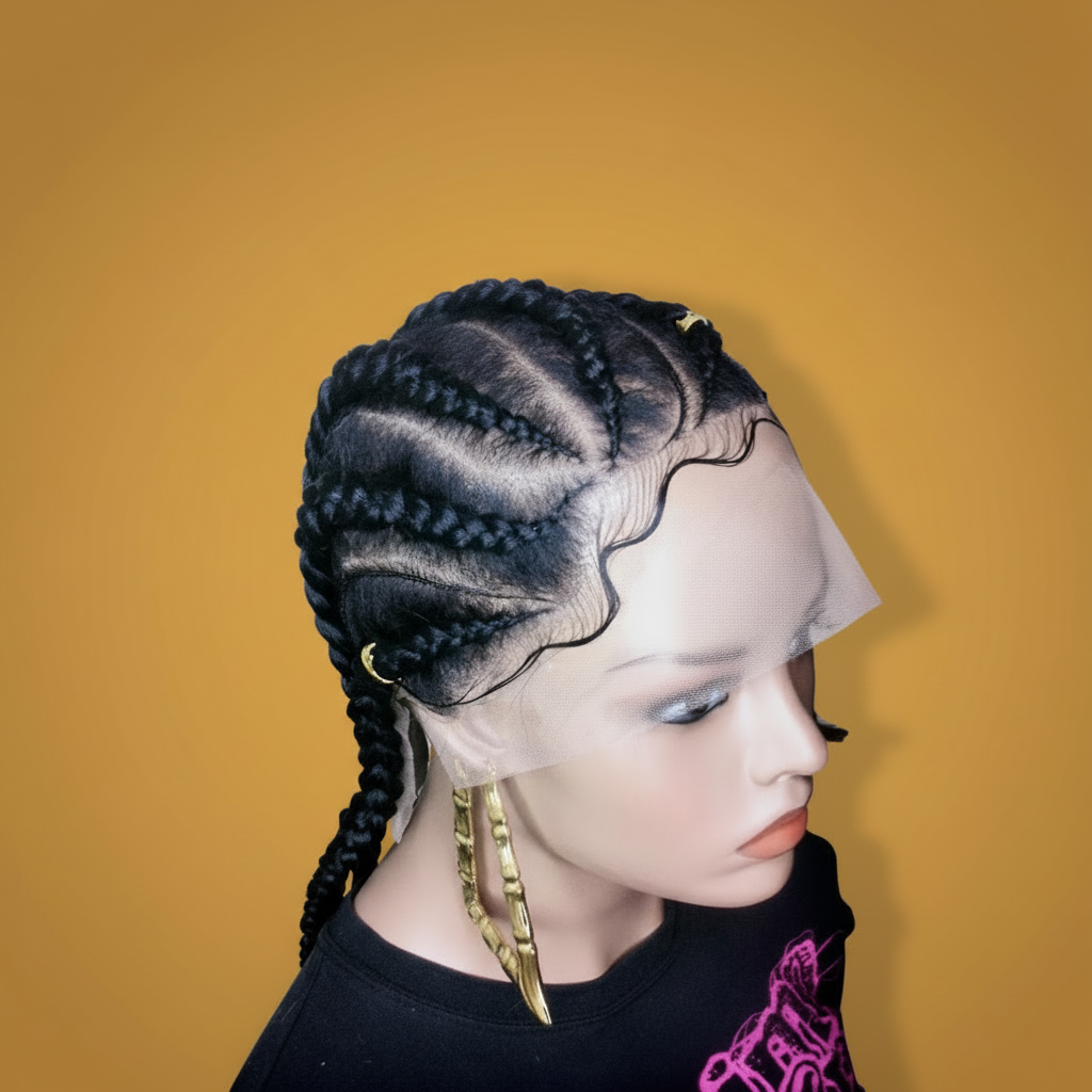Black stitch braid cornrow lace wig front side view showing lace front and baby hairs - Beyond Her Krown by Riches & Toys